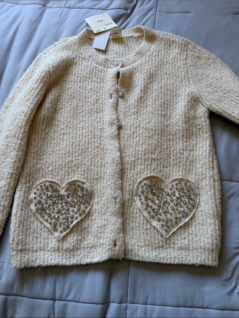 Katie K Cream Bouclé Cardigan with Beaded Heart Pockets